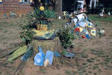 Painted rock-and-mirror grouping in Betty Avery's yard